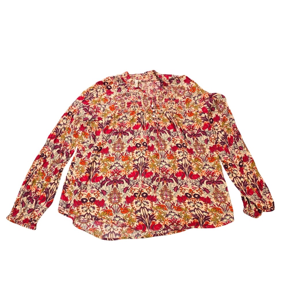 Red Camel Squirrel Damask Smocked  Tassel Tie Blouse Women's Size XL Red Pink